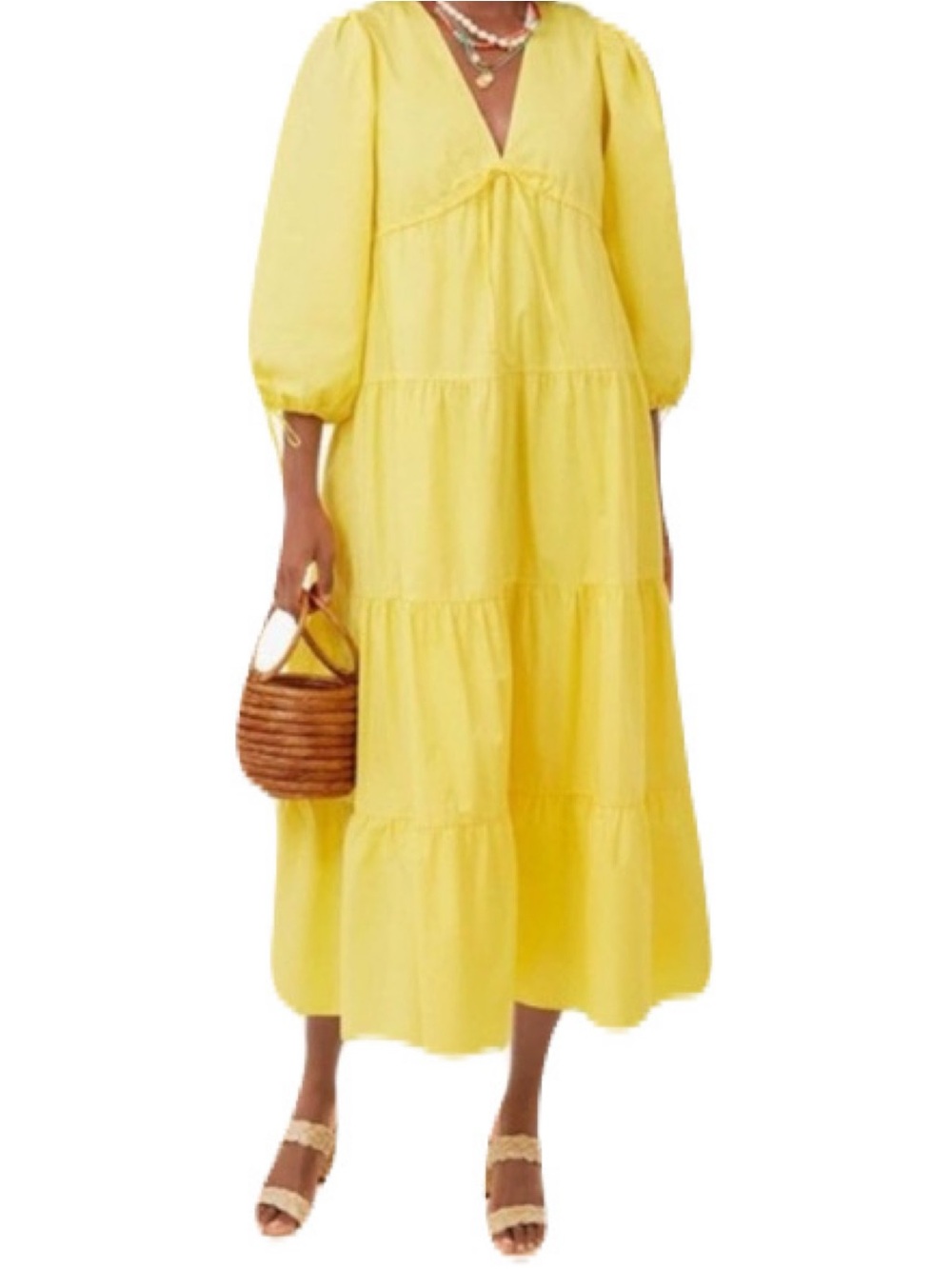 Tuckernuck Hyacinth House XS Mila Yellow V Neck Tiered Midi Dress Puff Sleeves